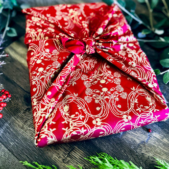 Carédeau Reusable Gift Wrap Monochrome Collection Recycled Cotton Furoshiki 100% Cotton: The Secret Garden (Size M) 55x55 cm in burgundy red